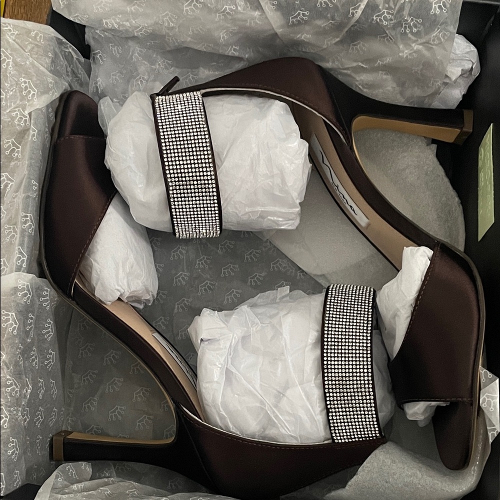 Nina Dark Brown Satin Heels with Sparkling Strap